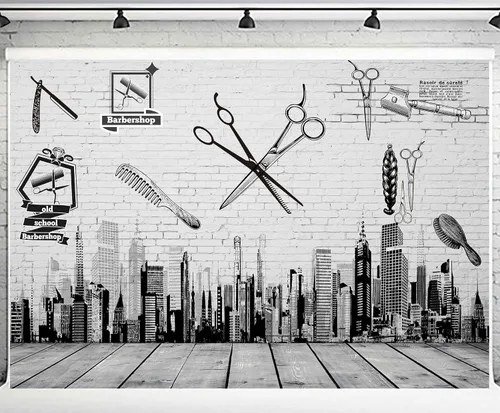 Miniatura 8 de Herramientas de barbería telón de fondo, peine de corte de pelo, edificios de gran altura, pintura de pared, madera de piso, pancarta de mesa