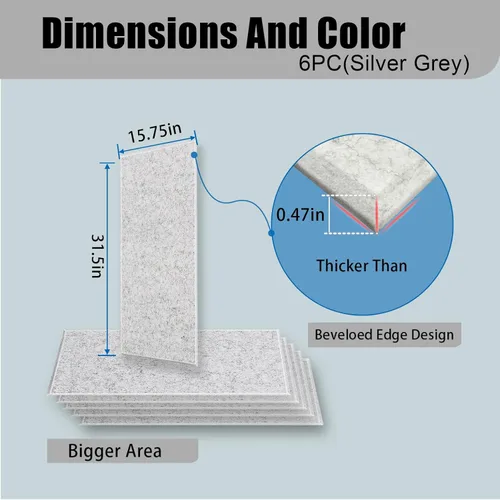 Miniatura 4 de Paquete de 6 paneles de pared insonorizados engrosados, paneles acústicos de borde biselado de alta densidad de 15.75" X 31.5" X 0.47", paneles