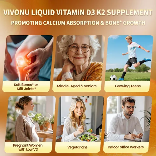 Miniatura 6 de VivoNu Gotas de vitamina D3 K2, D3 20000 UI y K2 como MK-7 400mcg con magnesio, calcio, zinc y Omega 3 para inmune*, estado de ánimo*, hueso* salud
