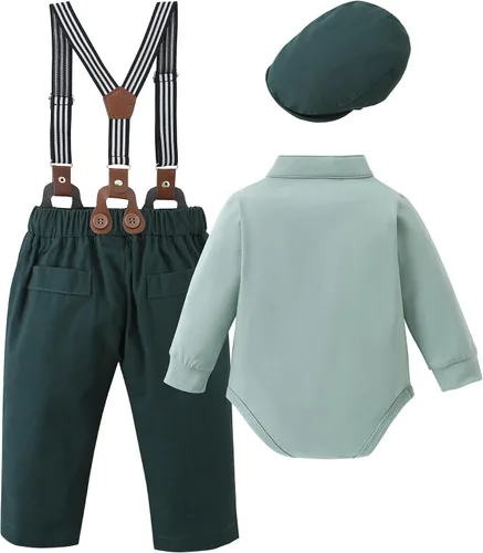 Miniatura 8 de SOLOYEE Ropa para bebé niño trajes de caballero para bebés, vestido de manga larga, pantalones con tirantes, corbatín, boina, sombrero de boina