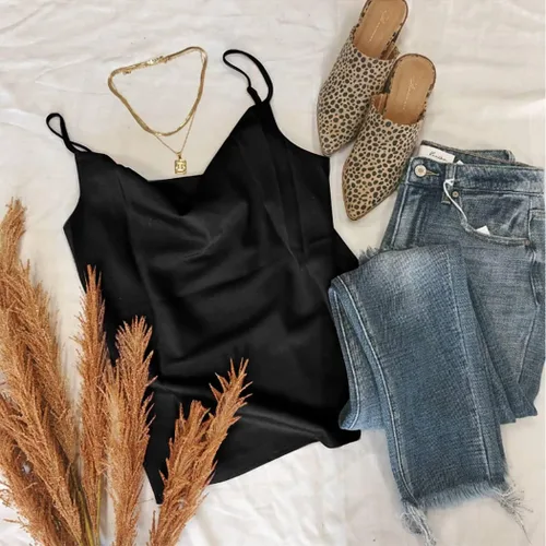 Miniatura 4 de Aoulaydo Camisola de satén con tirantes delgados y cuello en V para mujer, con cuello vuelto, camisola de seda, sin mangas