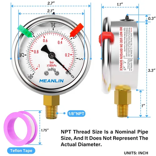 Miniatura 2 de MEANLIN MEASURE - Vacuómetro de presión de vacío -30inHG~0Psi, esfera con cara de 2.5 pulgadas, NPT de 1/8 de pulgada, manómetro de acero inoxidable