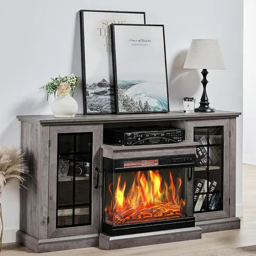 Miniatura 7 de LUXOAK Soporte de TV para Chimenea con Chimenea Eléctrica de Vidrio de 3 Lados, Centro de Entretenimiento Multimedia de 59" con Gabinete de Gris