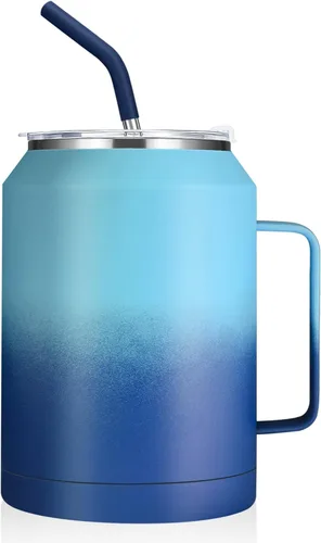 Miniatura 16 de zenbo - Vaso de acero inoxidable aislado al vacío con asa, tapa y popote, mantiene las bebidas frías hasta 36 horas, cuerpo a prueba de sudor, apto