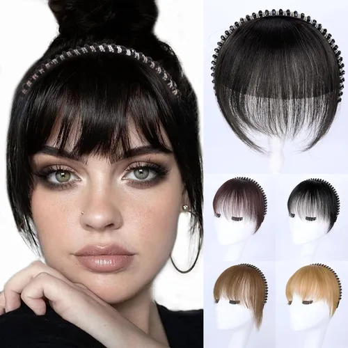 Miniatura 18 de G&T - Flequillo con clip para el cabello humano, flequillo delgado con fleco de diamantes de imitación, extensiones de cabello para mujer, flequillo