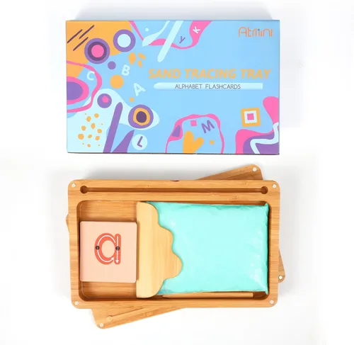Miniatura 8 de AtMini Bandeja de arena para aula, bandeja de arena Montessori con tapa, bandejas de arena de madera para niños, letras y números (azul)