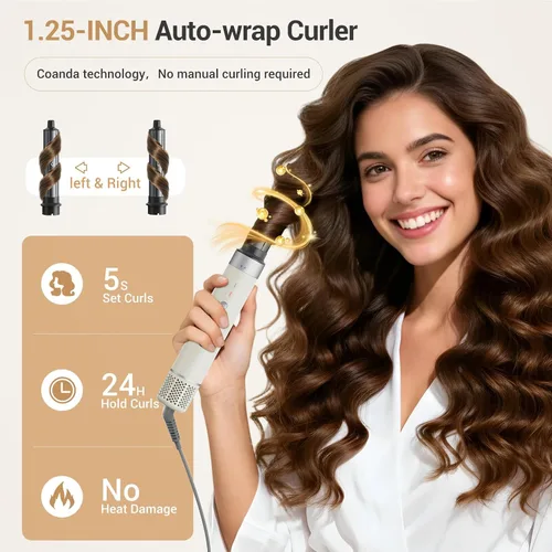 Miniatura 10 de Estilizador de cabello 6 en 1, secador de pelo iónico de alta velocidad con rizadores de envoltura automática, cepillo ovalado y voluminizador, sin