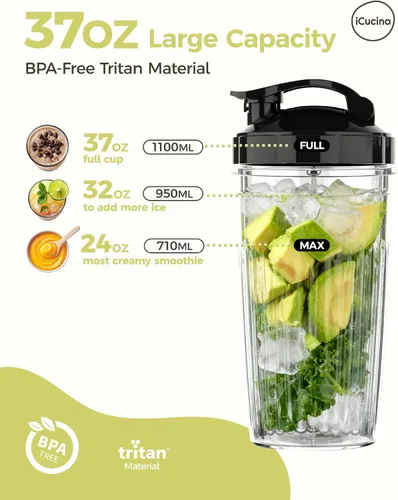 Miniatura 3 de ICUCINA - Vaso de licuadora de 28 onzas de repuesto con tapas para llevar, tazas para batidos de proteínas, vasos para batidos sin BPA (paquete de 2)