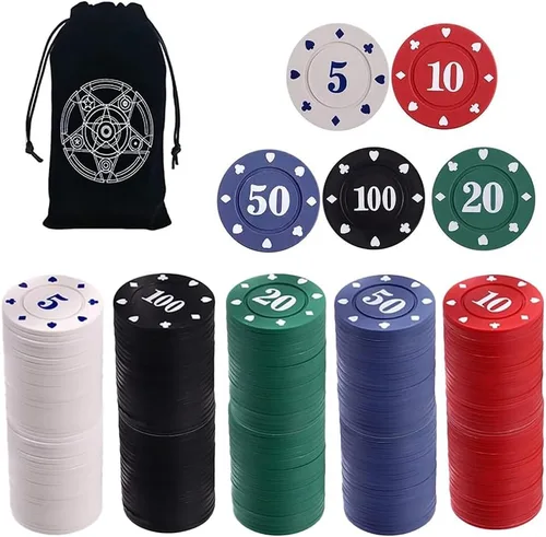 Miniatura 5 de IXIGER Fichas de póquer, juego de fichas de póquer de denominación con bolsa de terciopelo negro, fichas de juego de plástico, suministros de fiesta