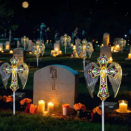 Miniatura 3 de YJFWAL Luz Solar de Estaca de Jardín con Cruz de Cristal, Decoraciones de Cementerio para Luces Exteriores de Tumba, Regalos Conmemorativos