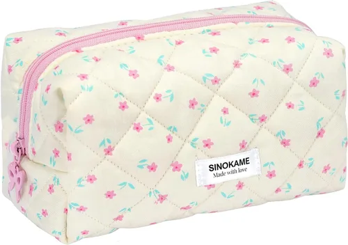 Miniatura 13 de SINOKAME Bolsa de maquillaje acolchada, bolsa de cosméticos hecha a mano de fresa, estuche organizador de maquillaje floral de coqueta, organizador