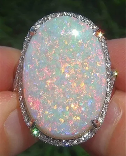 Miniatura 2 de Anillo grande de plata 925 con piedras preciosas de ópalo de fuego, corte ovalado, micro mosaico, circonita cúbica, anillo de compromiso de boda