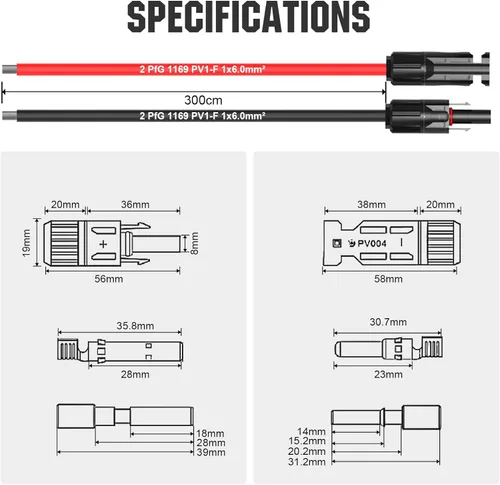Miniatura 4 de ECO-WORTHY - Cable de extensión solar de 10 pies y 10 AWG, 30A/1000V CC, impermeable IP67 con conectores rápidos compatibles (rojo+negro)