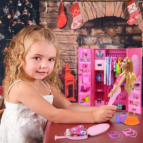 Miniatura 5 de ZITA ELEMENT Armario de muñecas de 11.5 pulgadas con ropa y accesorios, juego de 101 piezas, incluye armario, maleta, vestidos, trajes de baño