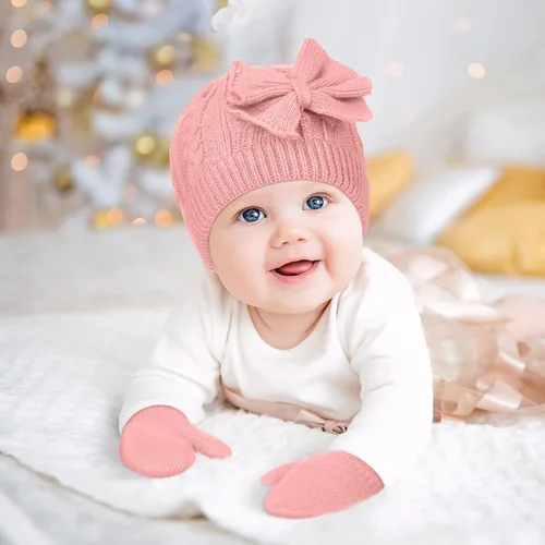 Miniatura 5 de SATINIOR 3 Set Toddler Hat Glove Set, Kids Winter Hats Warm Knitted Beanie Mittens Gloves with Bow for Baby Girls Boys 0-6Y