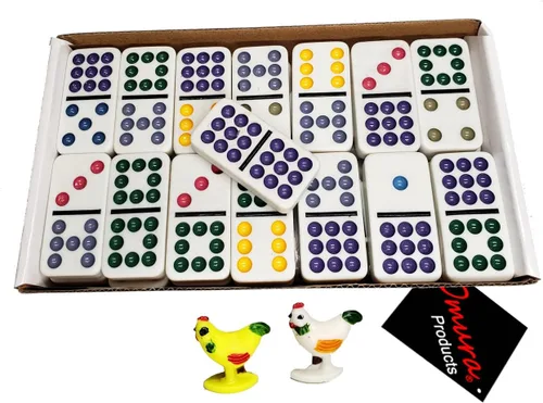 OMURA Juegos | Juego de dominó Double Nine Chicken Dominoes Pro con un centro de mesa y dos marcadores de pollo | Color DOTS