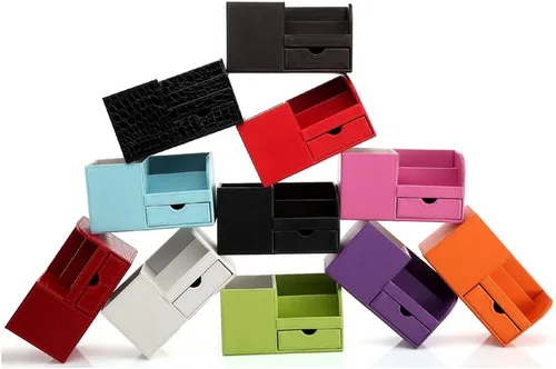 Miniatura 2 de KINGFOM™ - Organizador para escritorio y oficina de piel con 4 cajones pequeños - Caja de almacenamiento para papelería y multifuncional, Anaranjado