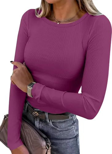 Miniatura 24 de ANRABESS - Camisetas de manga larga para mujer, de punto acanalado, ajustadas, básicas, 2025, informales, para usar a capas o debajo del uniforme