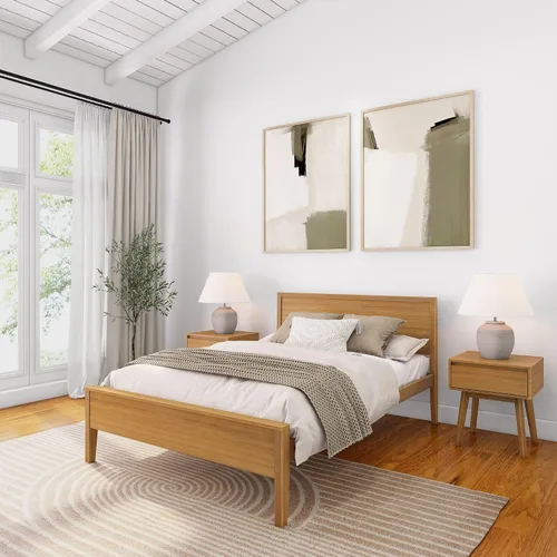Miniatura 10 de Plank+Beam Estructura de cama individual de madera maciza, cama plataforma con cabecero, color nogal