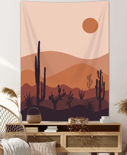 Tapiz moderno de mediados de siglo, bohemio, de cactus, de montaña, abstracto, vertical, arte de paisaje del desierto, minimalista, amanecer,