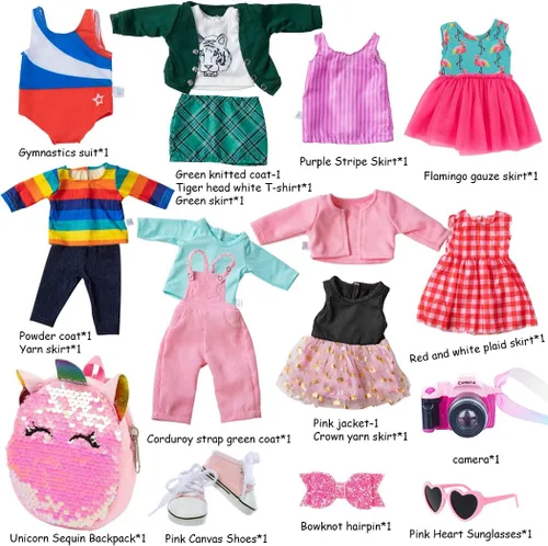 Miniatura 2 de Ebuddy Ropa y accesorios para muñecas: 8 juegos con zapatos, mochila, gafas, cámara, almohadilla para muñecas de 18 pulgadas