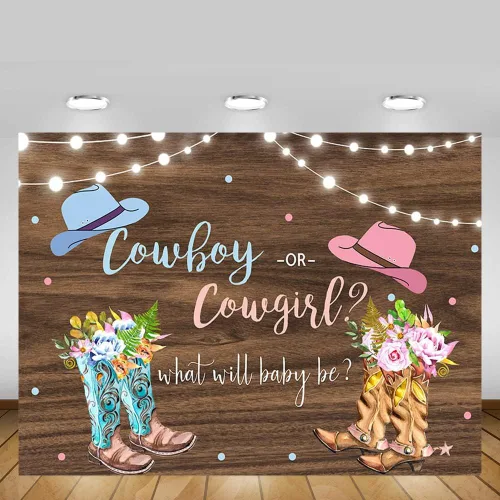 Miniatura 5 de MEHOFOND Fondo de revelación de género de vaquero o vaquera con texto en inglés «He or She What Will Baby Be», estampado floral de madera rústica