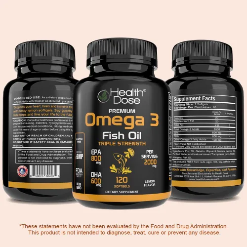 Miniatura 8 de Health Dose Aceite de pescado Omega 3 de 2000 mg – Cápsulas blandas con sabor a limón con EPA 800 mg y DHA 600 mg para apoyo al cerebro, corazón
