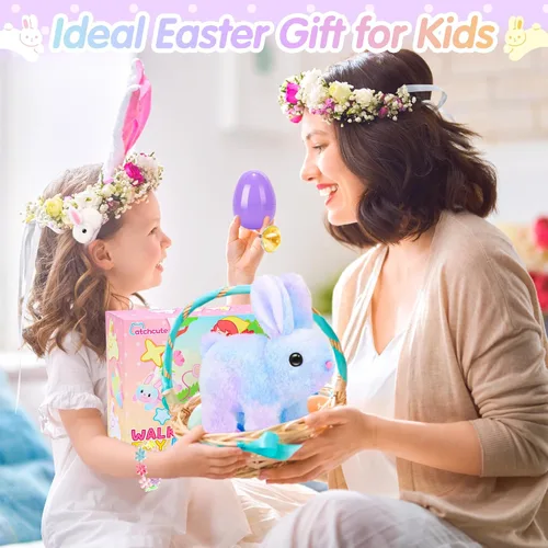 Miniatura 7 de CatchCute - Conejitos de peluche de Pascua para niños, conejo interactivo con sonidos, puede caminar y mover la cola con correa de control remoto