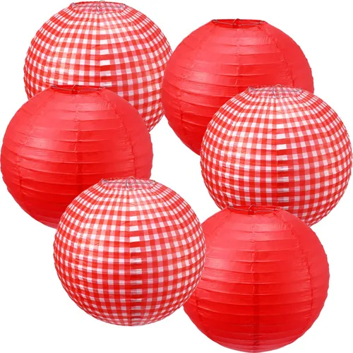 Miniatura 8 de Blulu Juego de 6 piezas de decoración de fiesta de pícnic a cuadros rojos de 12 pulgadas, linternas de papel redondas a cuadros para I Do BBQ Pizza