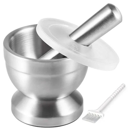 Tera 18/8 - Mortero y mortero de acero inoxidable con cepillo, triturador de pastillas, molinillo de especias, cuenco para hierbas, polvo de pesto