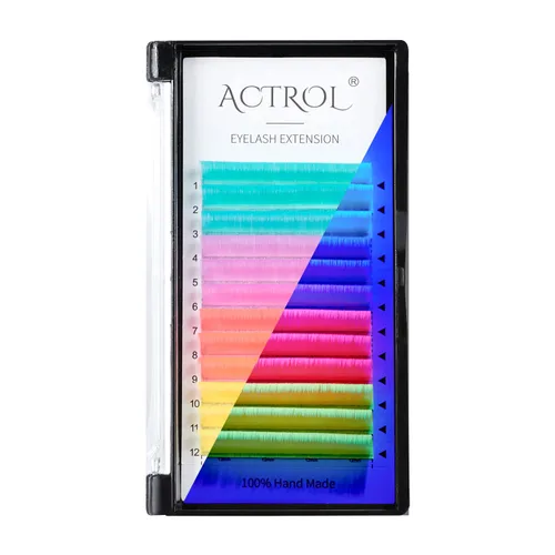Extensiones de pestañas UV neón de colores, extensiones de pestañas fluorescentes coloridas, Easy Fan de 0.433 in, 0.07D, rizo que brilla bajo la