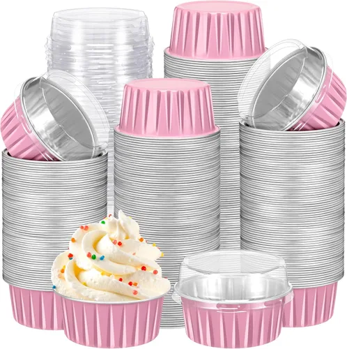 Miniatura 36 de Gejoy 400 Piezas Moldes de Papel de Aluminio para Hornear con Tapas 5 oz Moldes Desechables Ramekins Mini Moldes para Pasteles Crème Brûlée Moldes