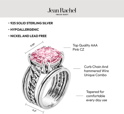 Miniatura 5 de JEAN RACHEL JEWELRY Anillo de plata de ley 925, diseño vintage con circonita cúbica en forma de cojín, hipoalergénico, sin plomo ni níquel, anillos