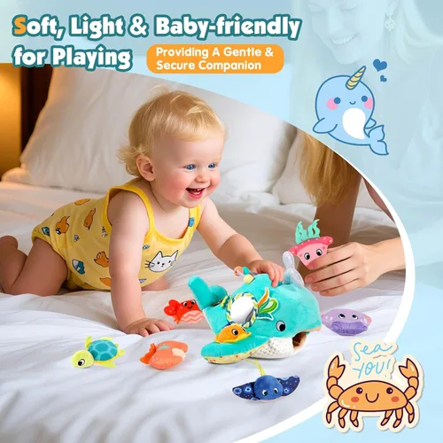 Miniatura 5 de FREYBLI Juguetes para bebés de 6 a 12 meses - Juguetes suaves de aventura oceánica con sonajero, papel crujiente, silbato, espejo - Juguetes Azul