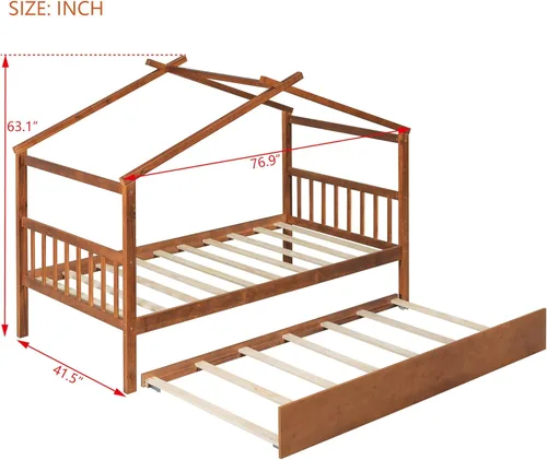 Miniatura 2 de Cama individual de casa con nido para niños, cama individual de madera con techo, marco de cama de plataforma de tamaño individual, cama con dosel