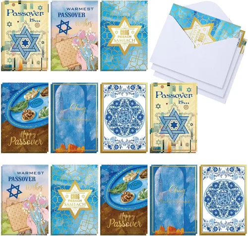 24 juegos de tarjetas de felicitación de Pascua con sobres, tarjetas de felicitación de Pascua, tarjetas de pesaj, regalos de vacaciones judías para