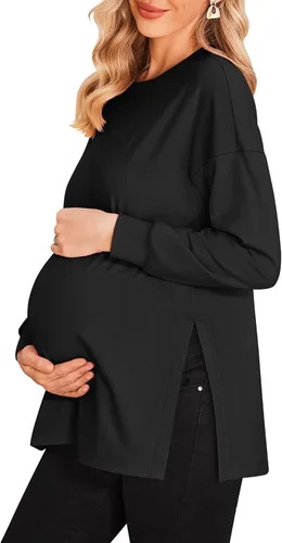 Ekouaer Camisas de maternidad para mujer, manga larga, con abertura lateral, camiseta de embarazo, blusa tipo túnica, ropa casual para mamá