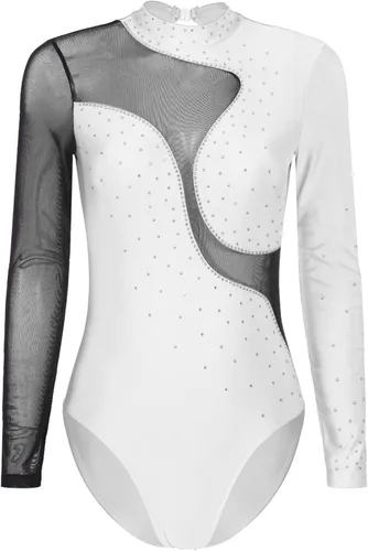 Miniatura 58 de iiniim Leotardo de malla para mujer, con diamantes de imitación, de malla, de manga larga, leotardos de gimnasia