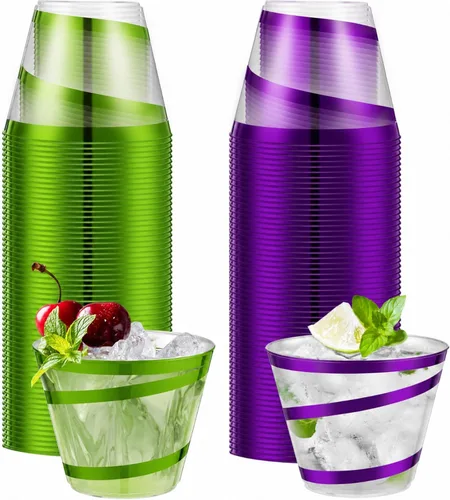 Gejoy Vasos de plástico con borde de 9 onzas, vasos desechables para beber vino, vasos de graduación transparentes y elegantes para suministros de