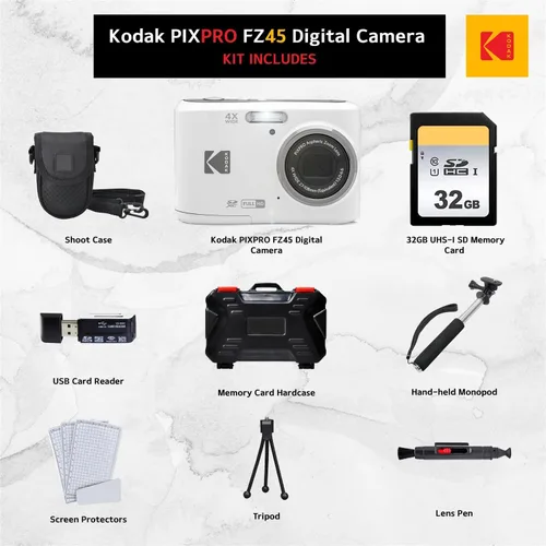 Miniatura 2 de Kodak PIXPRO FZ45 - Cámara digital (blanco) + Tarjeta de memoria de 32GB + Estuche para cámara Point and Shoot + Monópodo extensible + Lápiz limpia