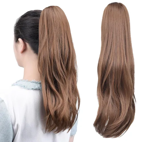 Miniatura 10 de Extensiones de cola de caballo, extensiones de cabello rizado con clip de garra de color marrón oscuro para mujer, peluca sintética de cola
