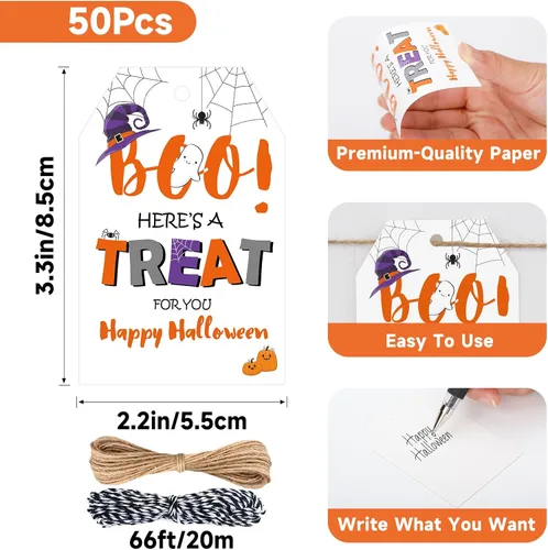 Miniatura 3 de Etiquetas de Halloween de Anwyll con cuerda - 50 piezas de etiquetas de regalo de papel de Halloween para bolsas de golosinas, etiquetas