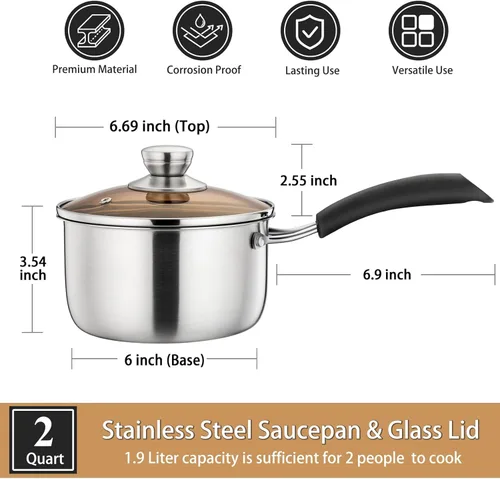 Miniatura 5 de P&P CHEF - Cacerola de 2 cuartos de galón, olla pequeña, cacerola de acero inoxidable con tapa, olla pequeña para cocinar en la cocina del hogar