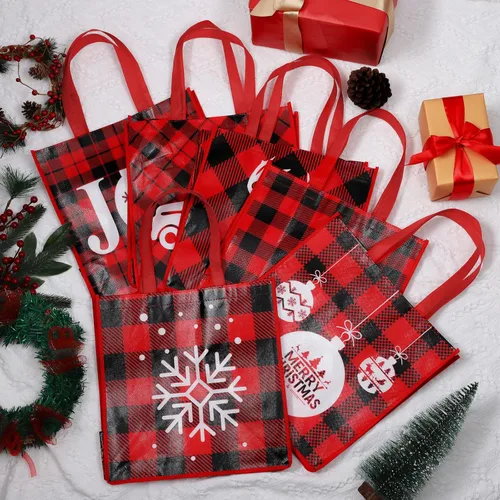 Miniatura 4 de Aneco 12 bolsas grandes reutilizables de Navidad rojas y negras no tejidas con asas, bolsas de regalo para suministros de fiesta, 14 x 13.8 x 7.5