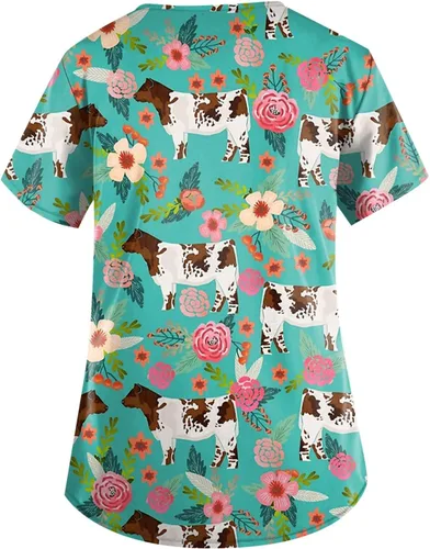 Miniatura 3 de Uniformes de enfermería con estampado de animales para mujer, manga corta, cuello en V, con bolsillos