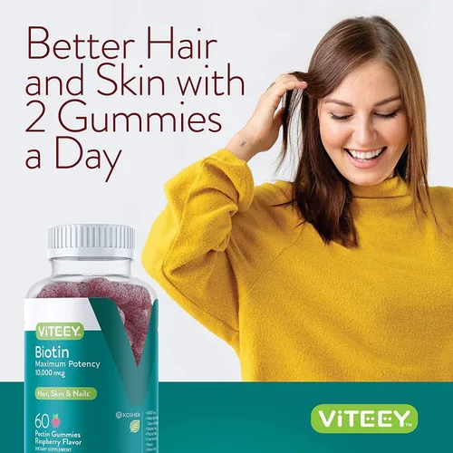 Miniatura 6 de Viteey Gomitas de biotina - 10,000 mcg - 60 unidades Gomitas de biotina para el crecimiento del cabello para la piel y las uñas, veganas, sin
