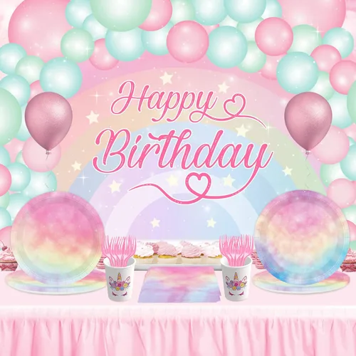 Miniatura 2 de 96 piezas de platos y servilletas de fiesta arcoíris pastel - Decoraciones de cumpleaños pastel
