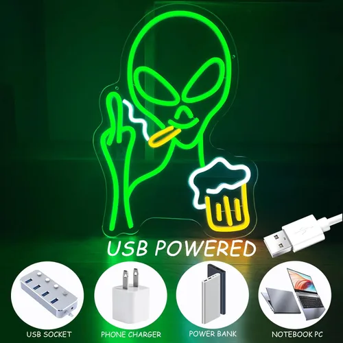 Miniatura 5 de Letrero de neón de alienígena verde, luz de neón de alienígena para barra de cerveza para decoración de pared, luces LED regulables para dormitorio