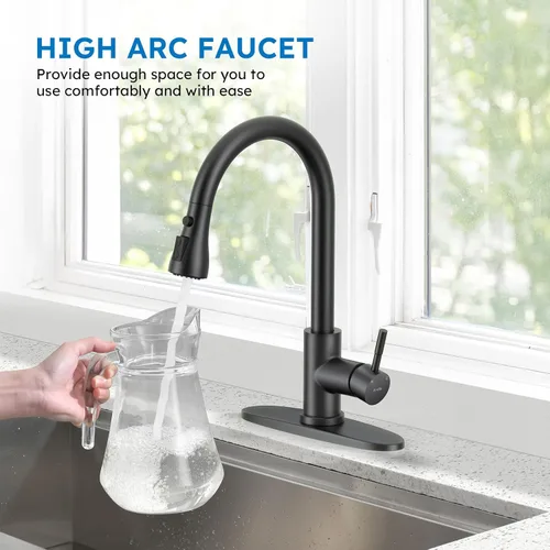 Miniatura 4 de Arofa Grifo de cocina negro mate, grifo de fregadero de cocina con rociador abatible, de una sola manija, de acero inoxidable, comercial, moderno