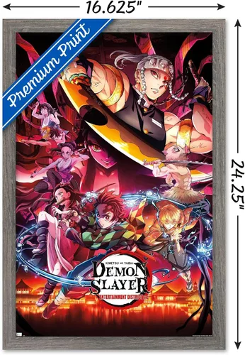 Miniatura 3 de Demon Slayer - Póster de pared Key Visual 1, 22.4 pulgadas de largo x 14.7 pulgadas de ancho, versión enmarcada de madera de granero